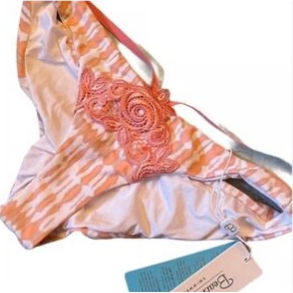 Beach Bunny Swimwear Peach White Ikat Lace Strappy Ruched Bikini Bottom XL NWT